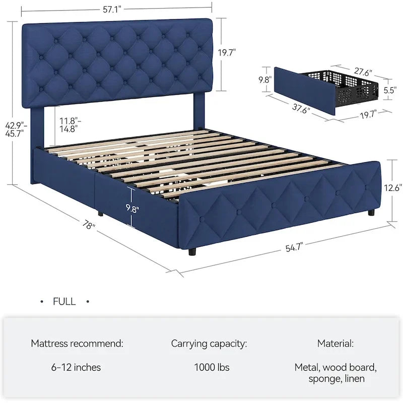 Lit plateforme, tête de lit réglable en lin, 4 tiroirs en maille métallique, 12 lattes en bois, capitonné, double / grand / très grand, 2 personnes