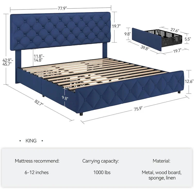 Lit plateforme, tête de lit réglable en lin, 4 tiroirs en maille métallique, 12 lattes en bois, capitonné, double / grand / très grand, 2 personnes
