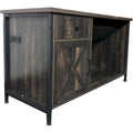 Meuble TV, Style Ferme Rustique, Portes Coulissantes Type Grange, Bande LED, 2 Prises de Courant, 2 Ports USB, Tiroirs, Étagères Ouvertes, Compatible avec TV jusqu'à 80 pouces, Gris, 1 Personne