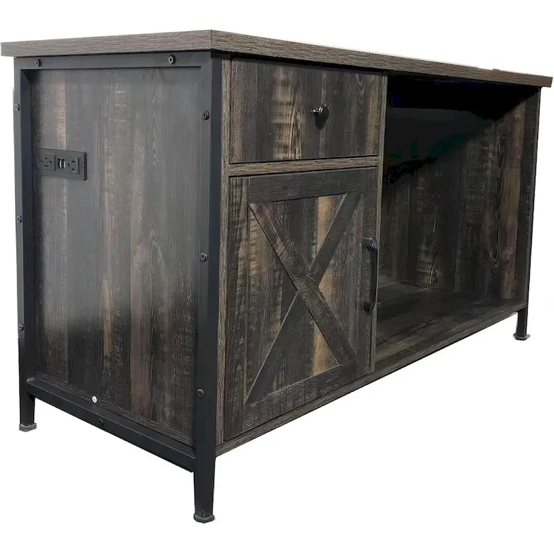 Meuble TV, Style Ferme Rustique, Portes Coulissantes Type Grange, Bande LED, 2 Prises de Courant, 2 Ports USB, Tiroirs, Étagères Ouvertes, Compatible avec TV jusqu'à 80 pouces, Gris, 1 Personne
