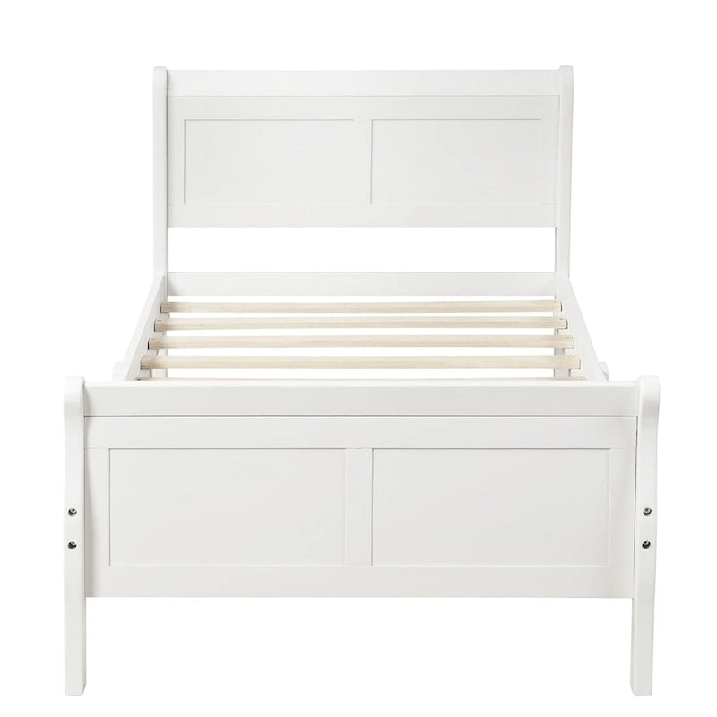 Lit plateforme jumeau, style traîneau, tête et pied de lit creux, bois massif, blanc, 1 personne