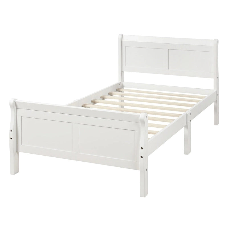 Lit plateforme jumeau, style traîneau, tête et pied de lit creux, bois massif, blanc, 1 personne