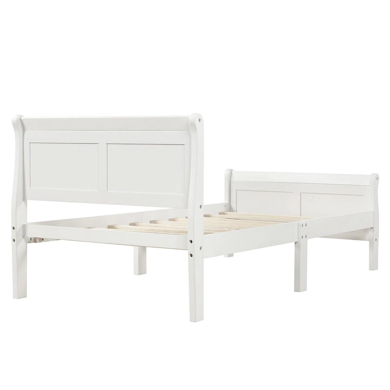 Lit plateforme jumeau, style traîneau, tête et pied de lit creux, bois massif, blanc, 1 personne