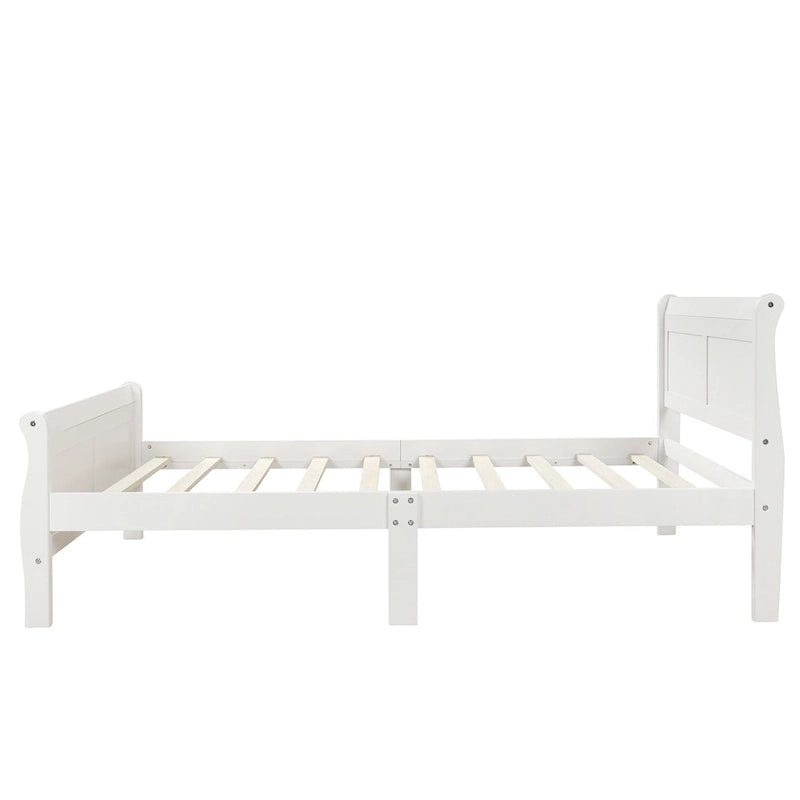 Lit plateforme jumeau, style traîneau, tête et pied de lit creux, bois massif, blanc, 1 personne