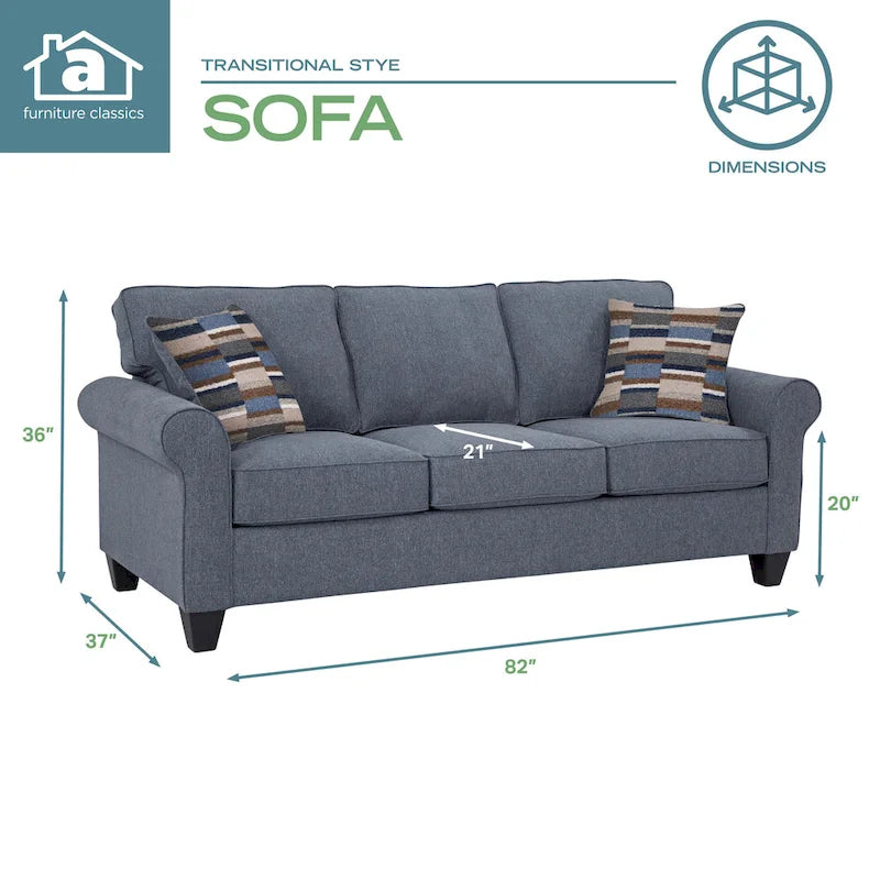 Canapé 3 places à accoudoirs arrondis, tissu performant aspect lin, 3 coussins de dossier, 2 coussins décoratifs, bleu, utilisation pour 3 personnes