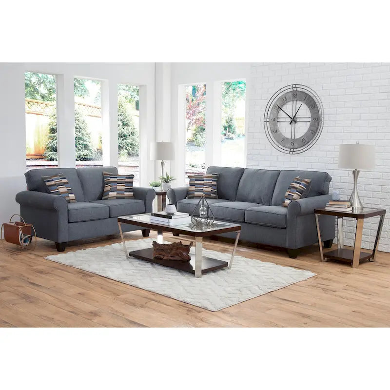 Canapé 3 places à accoudoirs arrondis, tissu performant aspect lin, 3 coussins de dossier, 2 coussins décoratifs, bleu, utilisation pour 3 personnes