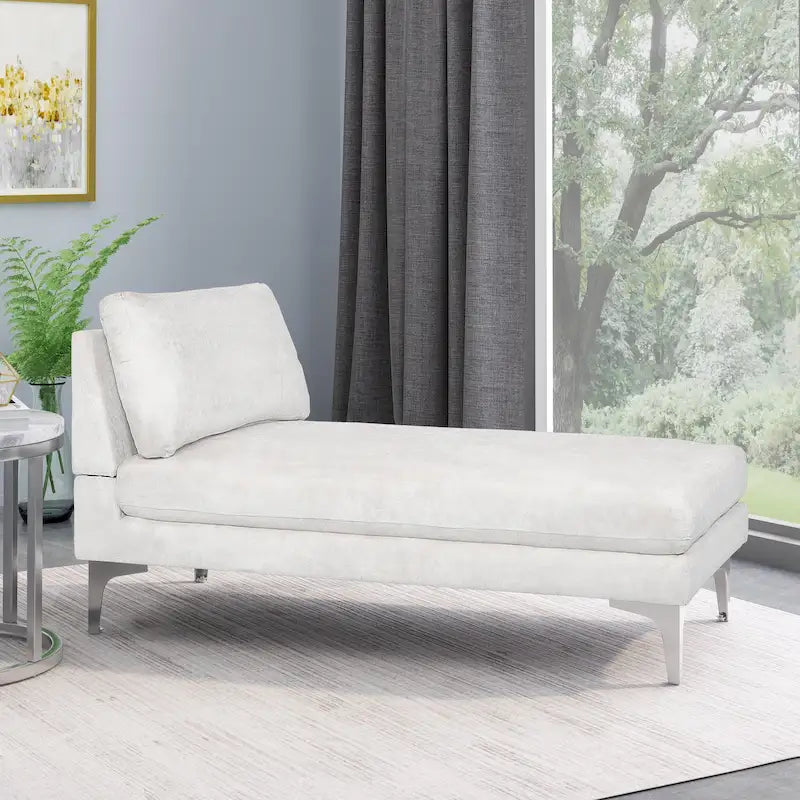 Chaise longue en tissu contemporaine, pieds en fer argentés, coussin de dossier, ivoire/noir/gris, pour 1 personne