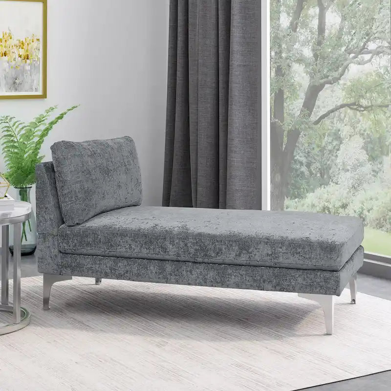Chaise longue en tissu contemporaine, pieds en fer argentés, coussin de dossier, ivoire/noir/gris, pour 1 personne