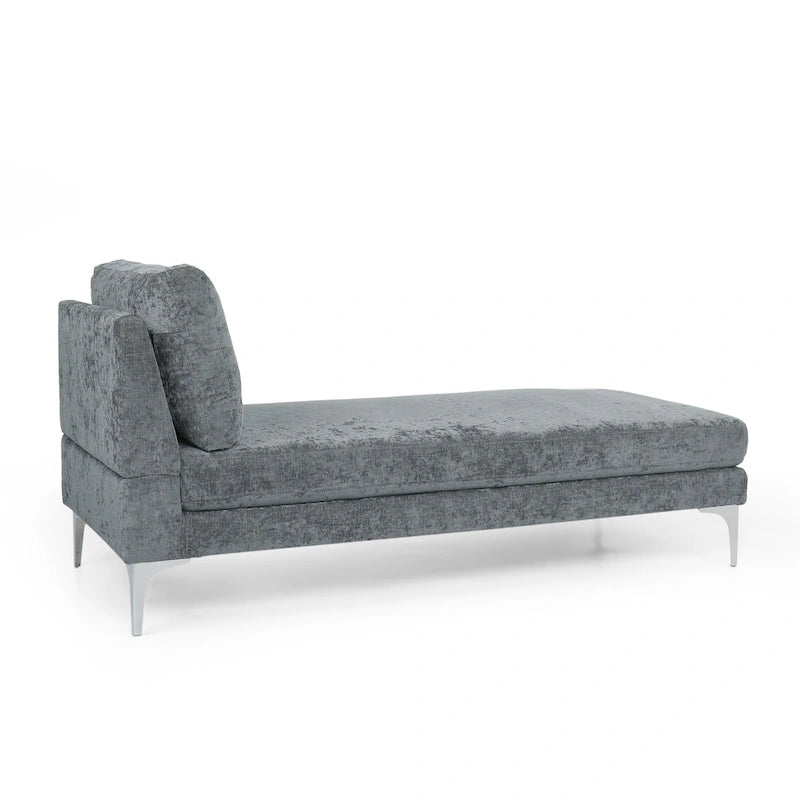 Chaise longue en tissu contemporaine, pieds en fer argentés, coussin de dossier, ivoire/noir/gris, pour 1 personne