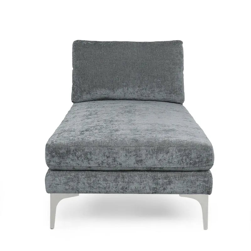 Chaise longue en tissu contemporaine, pieds en fer argentés, coussin de dossier, ivoire/noir/gris, pour 1 personne