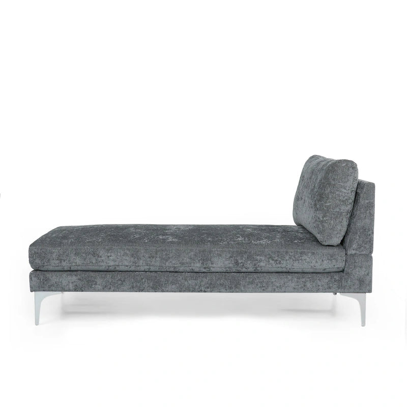 Chaise longue en tissu contemporaine, pieds en fer argentés, coussin de dossier, ivoire/noir/gris, pour 1 personne