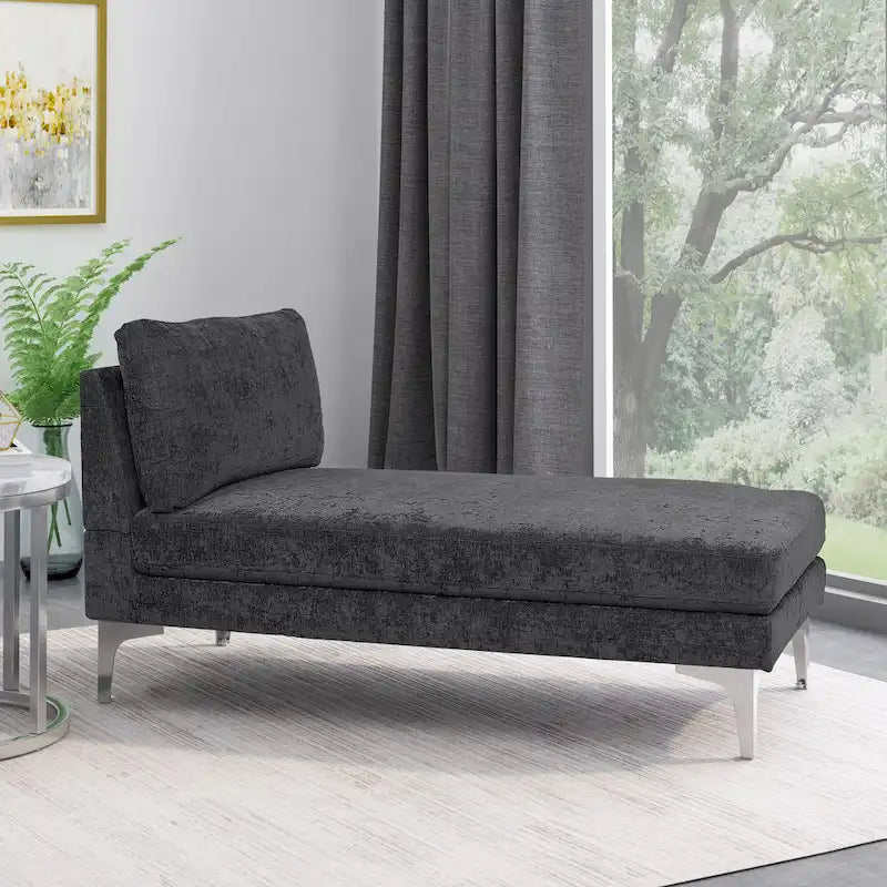 Chaise longue en tissu contemporaine, pieds en fer argentés, coussin de dossier, ivoire/noir/gris, pour 1 personne