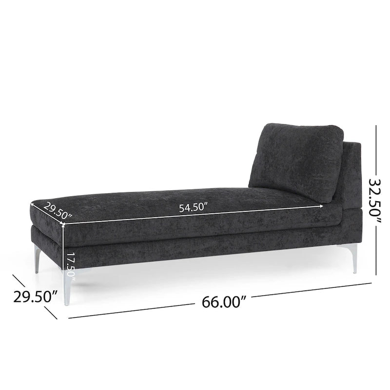 Chaise longue en tissu contemporaine, pieds en fer argentés, coussin de dossier, ivoire/noir/gris, pour 1 personne
