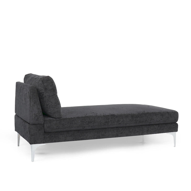 Chaise longue en tissu contemporaine, pieds en fer argentés, coussin de dossier, ivoire/noir/gris, pour 1 personne