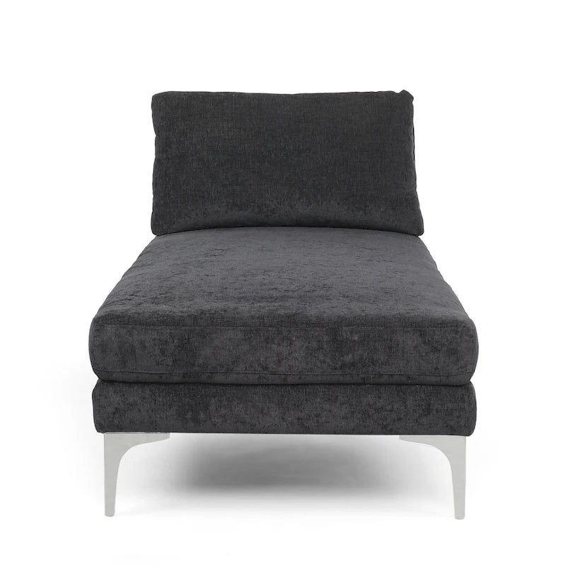 Chaise longue en tissu contemporaine, pieds en fer argentés, coussin de dossier, ivoire/noir/gris, pour 1 personne