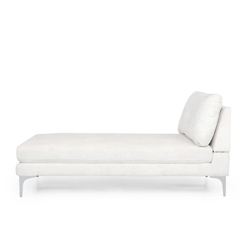 Chaise longue en tissu contemporaine, pieds en fer argentés, coussin de dossier, ivoire/noir/gris, pour 1 personne