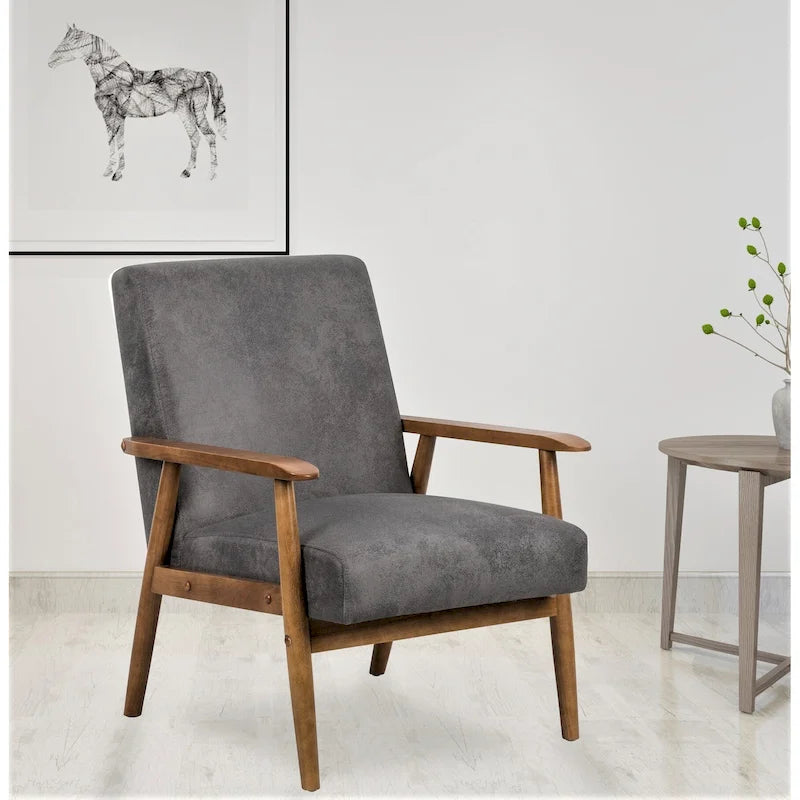 Fauteuil, style Mid-Century, revêtement microfibre aspect cuir, accoudoirs en bois massif en forme de A, pieds coniques, coussin en mousse, camel clair / gris / marron foncé / marron clair / marron, pour 1 personne