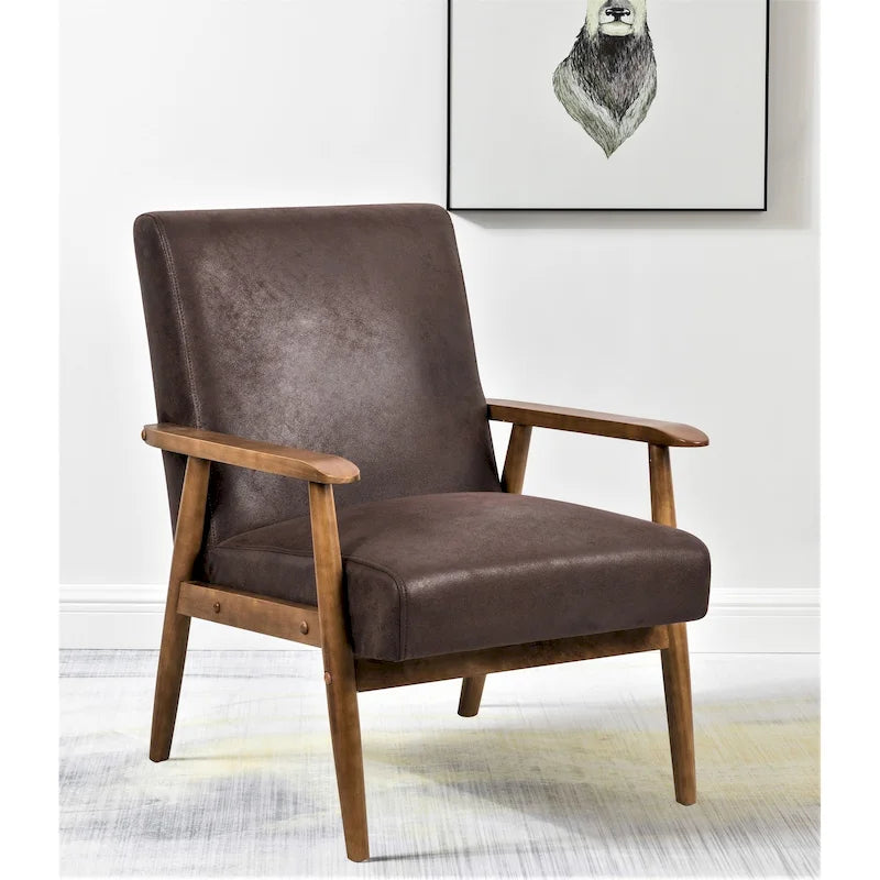 Fauteuil, style Mid-Century, revêtement microfibre aspect cuir, accoudoirs en bois massif en forme de A, pieds coniques, coussin en mousse, camel clair / gris / marron foncé / marron clair / marron, pour 1 personne