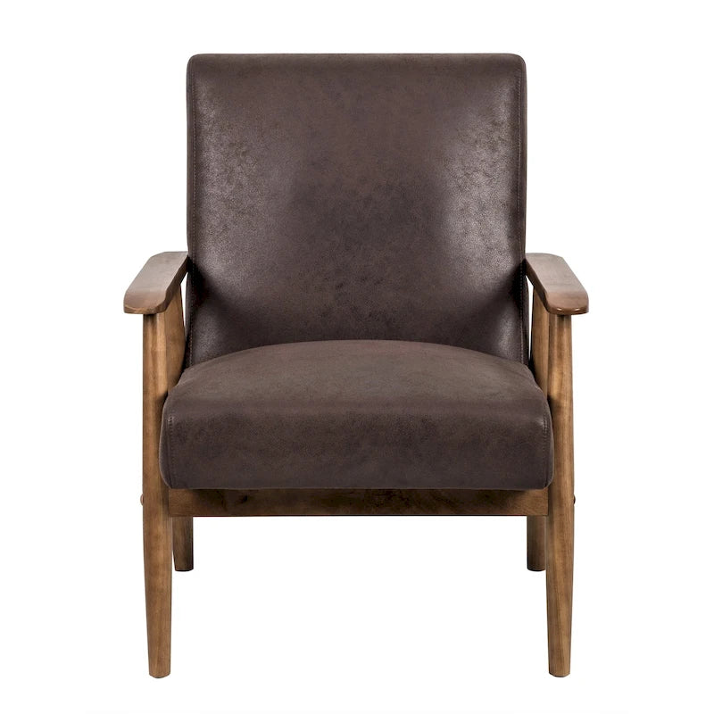 Fauteuil, style Mid-Century, revêtement microfibre aspect cuir, accoudoirs en bois massif en forme de A, pieds coniques, coussin en mousse, camel clair / gris / marron foncé / marron clair / marron, pour 1 personne