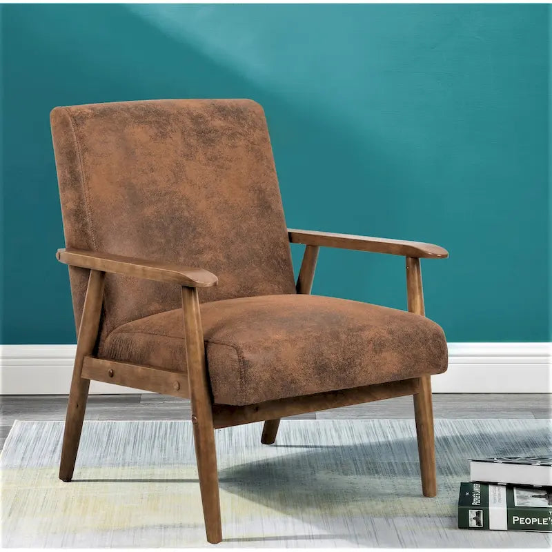 Fauteuil, style Mid-Century, revêtement microfibre aspect cuir, accoudoirs en bois massif en forme de A, pieds coniques, coussin en mousse, camel clair / gris / marron foncé / marron clair / marron, pour 1 personne