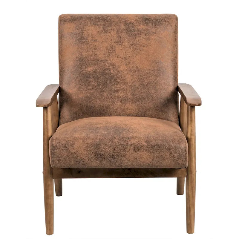 Fauteuil, style Mid-Century, revêtement microfibre aspect cuir, accoudoirs en bois massif en forme de A, pieds coniques, coussin en mousse, camel clair / gris / marron foncé / marron clair / marron, pour 1 personne