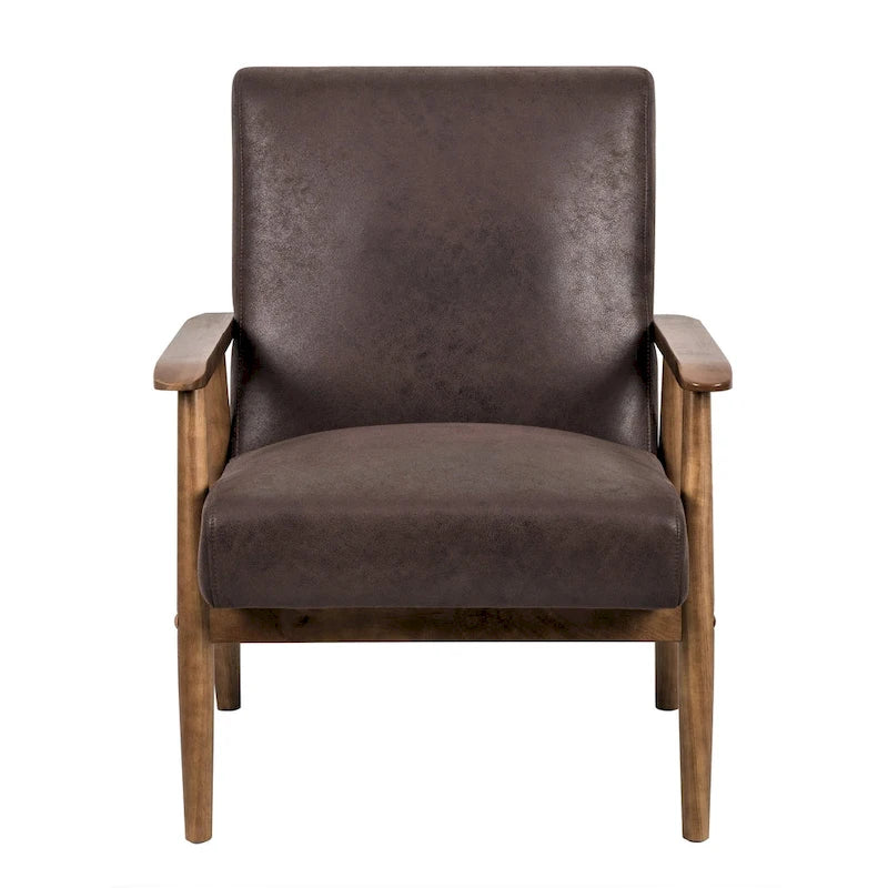 Fauteuil, style Mid-Century, revêtement microfibre aspect cuir, accoudoirs en bois massif en forme de A, pieds coniques, coussin en mousse, camel clair / gris / marron foncé / marron clair / marron, pour 1 personne