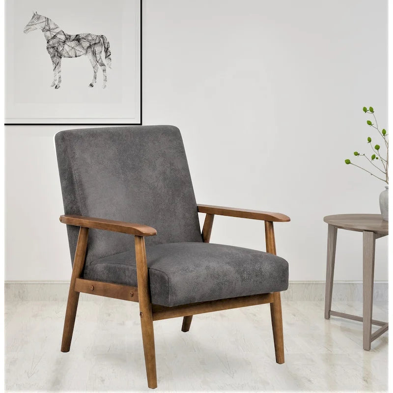 Fauteuil, style Mid-Century, revêtement microfibre aspect cuir, accoudoirs en bois massif en forme de A, pieds coniques, coussin en mousse, camel clair / gris / marron foncé / marron clair / marron, pour 1 personne