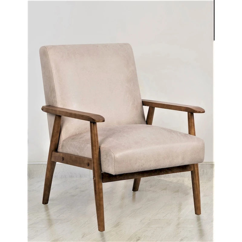 Fauteuil, style Mid-Century, revêtement microfibre aspect cuir, accoudoirs en bois massif en forme de A, pieds coniques, coussin en mousse, camel clair / gris / marron foncé / marron clair / marron, pour 1 personne