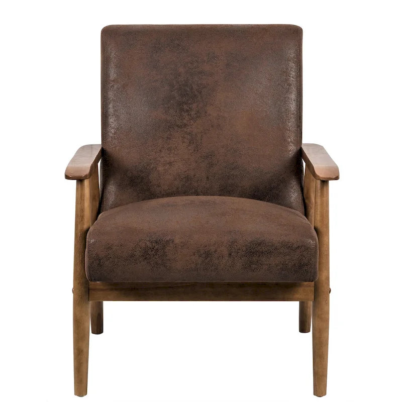 Fauteuil, style Mid-Century, revêtement microfibre aspect cuir, accoudoirs en bois massif en forme de A, pieds coniques, coussin en mousse, camel clair / gris / marron foncé / marron clair / marron, pour 1 personne