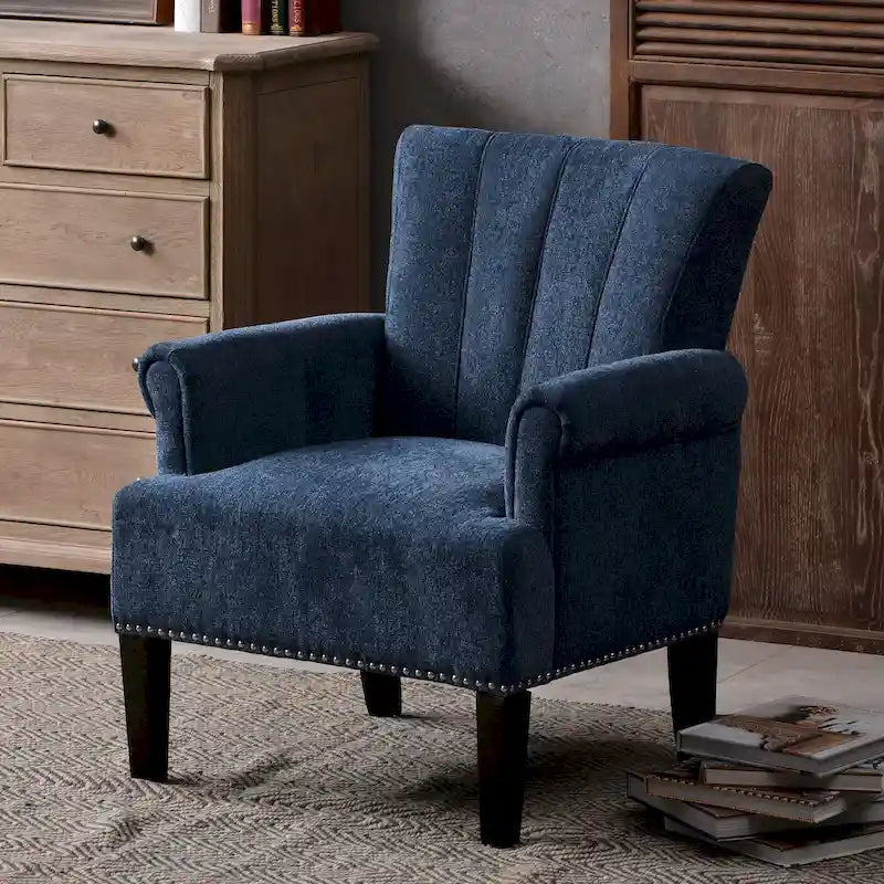 Fauteuil d'appoint, dossier capitonné, accoudoirs roulés, assise à ressorts ondulés, polyester antitache, pieds carrés coniques, vert / bleu / crème, 1 personne