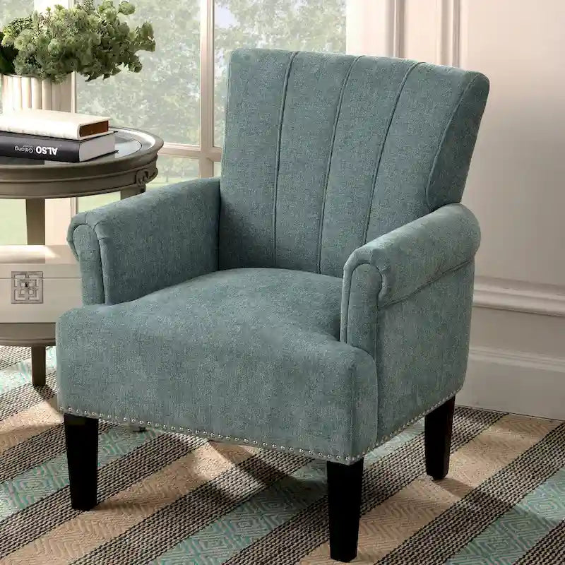 Fauteuil d'appoint, dossier capitonné, accoudoirs roulés, assise à ressorts ondulés, polyester antitache, pieds carrés coniques, vert / bleu / crème, 1 personne