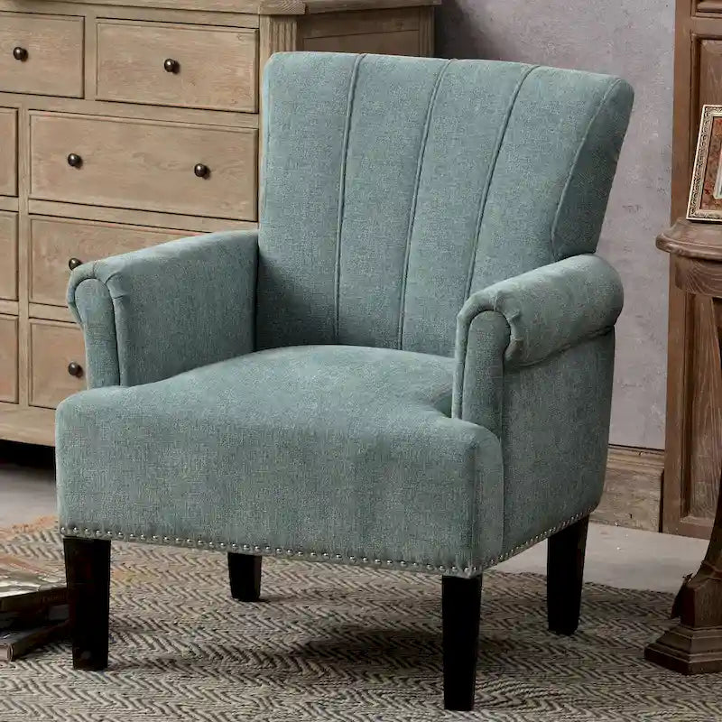 Fauteuil d'appoint, dossier capitonné, accoudoirs roulés, assise à ressorts ondulés, polyester antitache, pieds carrés coniques, vert / bleu / crème, 1 personne