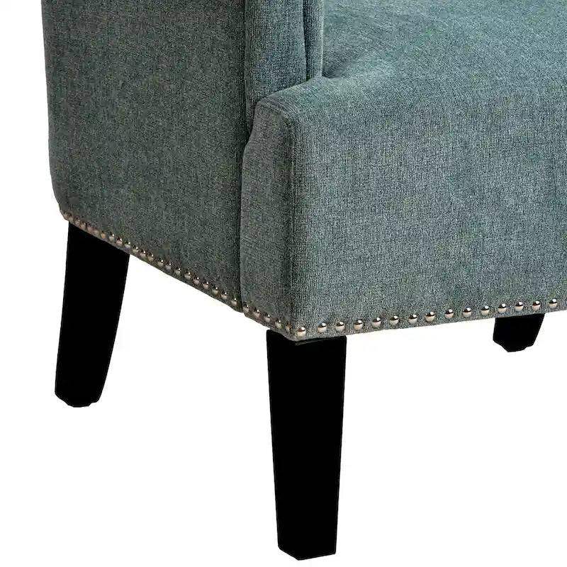 Fauteuil d'appoint, dossier capitonné, accoudoirs roulés, assise à ressorts ondulés, polyester antitache, pieds carrés coniques, vert / bleu / crème, 1 personne