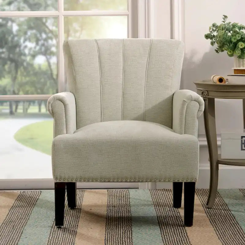 Fauteuil d'appoint, dossier capitonné, accoudoirs roulés, assise à ressorts ondulés, polyester antitache, pieds carrés coniques, vert / bleu / crème, 1 personne