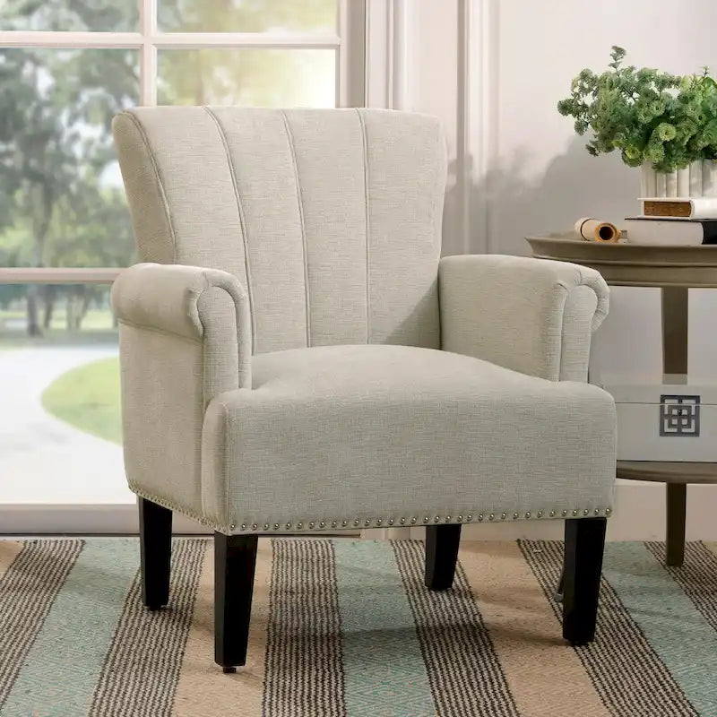 Fauteuil d'appoint, dossier capitonné, accoudoirs roulés, assise à ressorts ondulés, polyester antitache, pieds carrés coniques, vert / bleu / crème, 1 personne