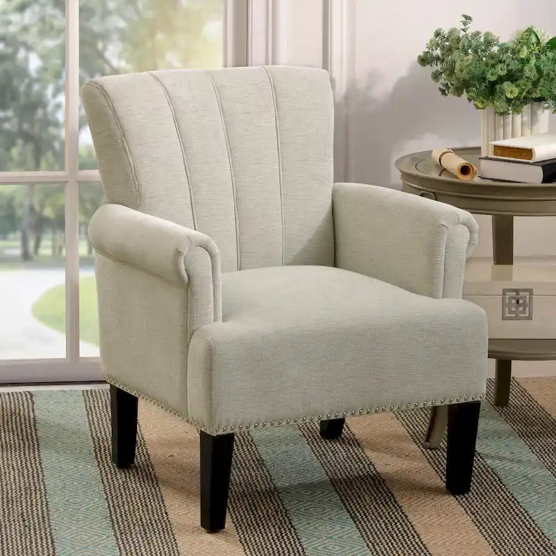 Fauteuil d'appoint, dossier capitonné, accoudoirs roulés, assise à ressorts ondulés, polyester antitache, pieds carrés coniques, vert / bleu / crème, 1 personne