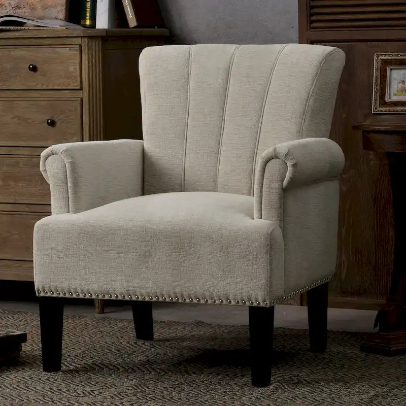 Fauteuil d'appoint, dossier capitonné, accoudoirs roulés, assise à ressorts ondulés, polyester antitache, pieds carrés coniques, vert / bleu / crème, 1 personne
