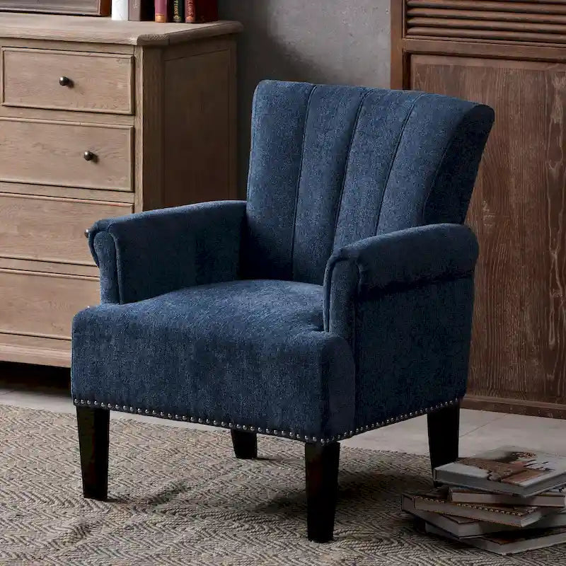 Fauteuil d'appoint, dossier capitonné, accoudoirs roulés, assise à ressorts ondulés, polyester antitache, pieds carrés coniques, vert / bleu / crème, 1 personne