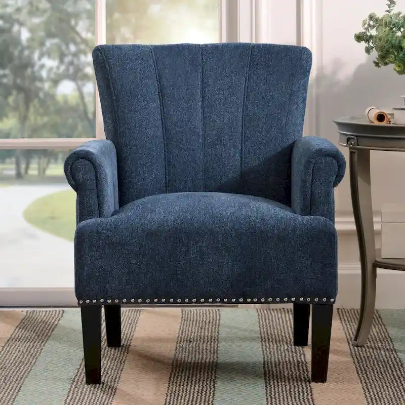 Fauteuil d'appoint, dossier capitonné, accoudoirs roulés, assise à ressorts ondulés, polyester antitache, pieds carrés coniques, vert / bleu / crème, 1 personne