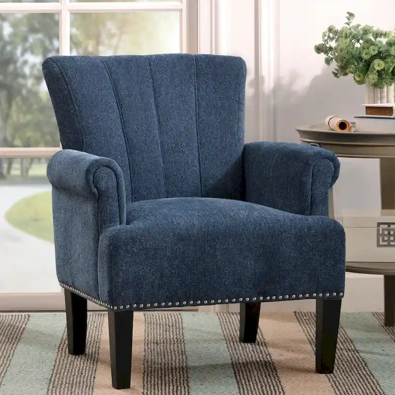 Fauteuil d'appoint, dossier capitonné, accoudoirs roulés, assise à ressorts ondulés, polyester antitache, pieds carrés coniques, vert / bleu / crème, 1 personne