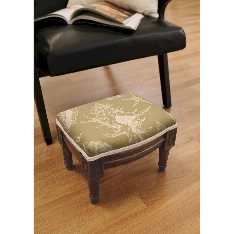 Repose-pieds, Revêtement en lin imprimé coquillages, Cadre en bois, Finition antique, Style côtier, Bleu / Marron / Vert, Utilisation 1 personne