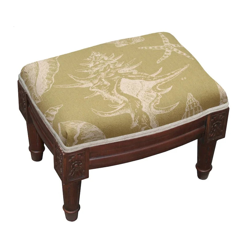 Repose-pieds, Revêtement en lin imprimé coquillages, Cadre en bois, Finition antique, Style côtier, Bleu / Marron / Vert, Utilisation 1 personne
