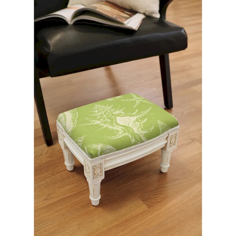 Repose-pieds, Revêtement en lin imprimé coquillages, Cadre en bois, Finition antique, Style côtier, Bleu / Marron / Vert, Utilisation 1 personne
