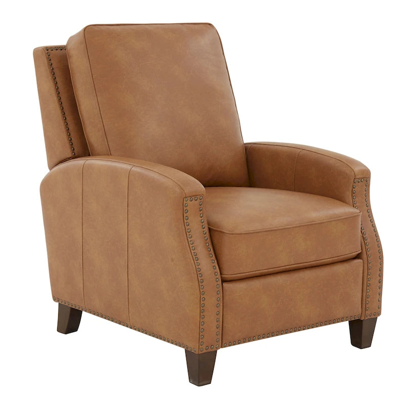 Fauteuil inclinable à pousser, simili cuir, accoudoirs demi-ronds, clous décoratifs, pieds en bois fuselés, mousse haute densité, marron selle / bleu nuit, 1 place