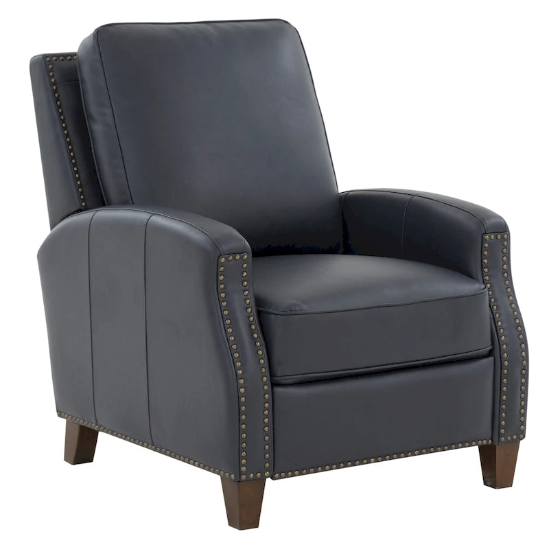 Fauteuil inclinable à pousser, simili cuir, accoudoirs demi-ronds, clous décoratifs, pieds en bois fuselés, mousse haute densité, marron selle / bleu nuit, 1 place