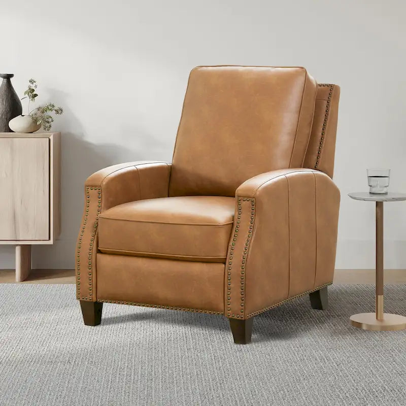 Fauteuil inclinable à pousser, simili cuir, accoudoirs demi-ronds, clous décoratifs, pieds en bois fuselés, mousse haute densité, marron selle / bleu nuit, 1 place