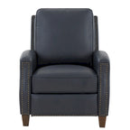Fauteuil inclinable à pousser, simili cuir, accoudoirs demi-ronds, clous décoratifs, pieds en bois fuselés, mousse haute densité, marron selle / bleu nuit, 1 place