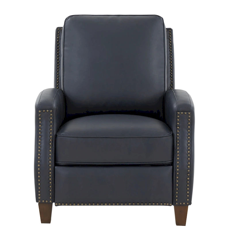 Fauteuil inclinable à pousser, simili cuir, accoudoirs demi-ronds, clous décoratifs, pieds en bois fuselés, mousse haute densité, marron selle / bleu nuit, 1 place
