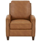 Fauteuil inclinable à pousser, simili cuir, accoudoirs demi-ronds, clous décoratifs, pieds en bois fuselés, mousse haute densité, marron selle / bleu nuit, 1 place
