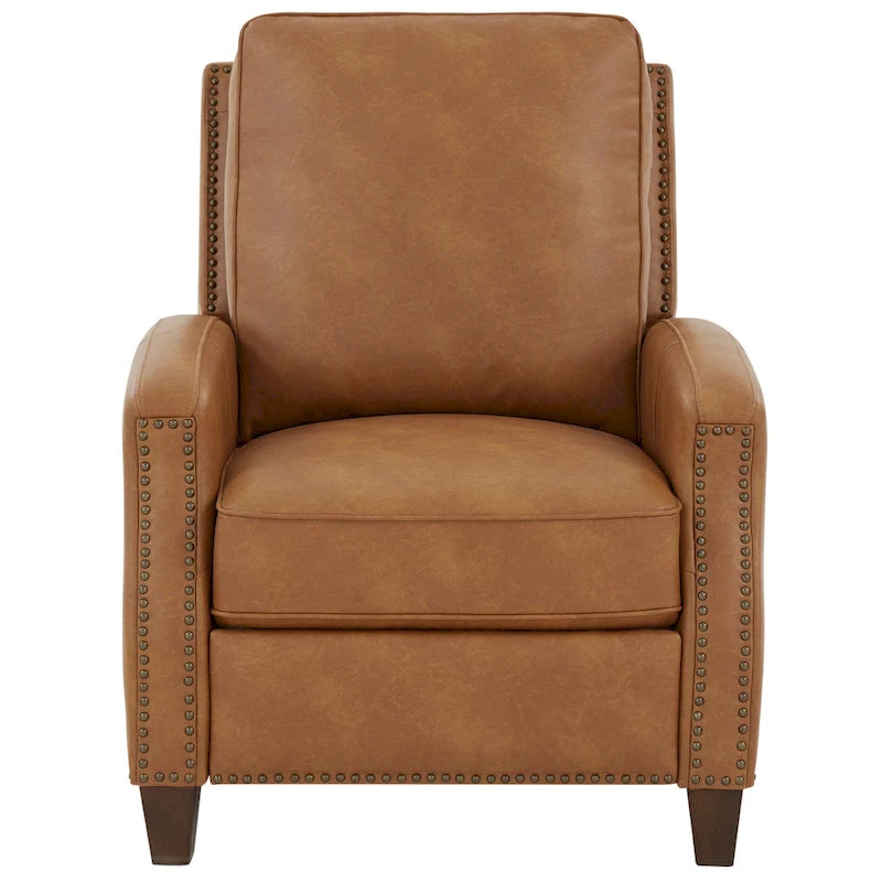 Fauteuil inclinable à pousser, simili cuir, accoudoirs demi-ronds, clous décoratifs, pieds en bois fuselés, mousse haute densité, marron selle / bleu nuit, 1 place
